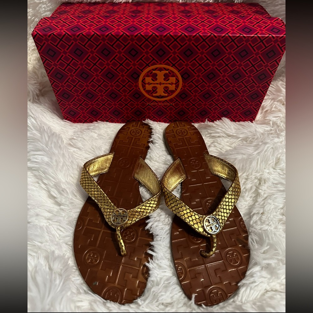 Tory Burch Gold and Brown Flip Flops - Picture 2 of 4
